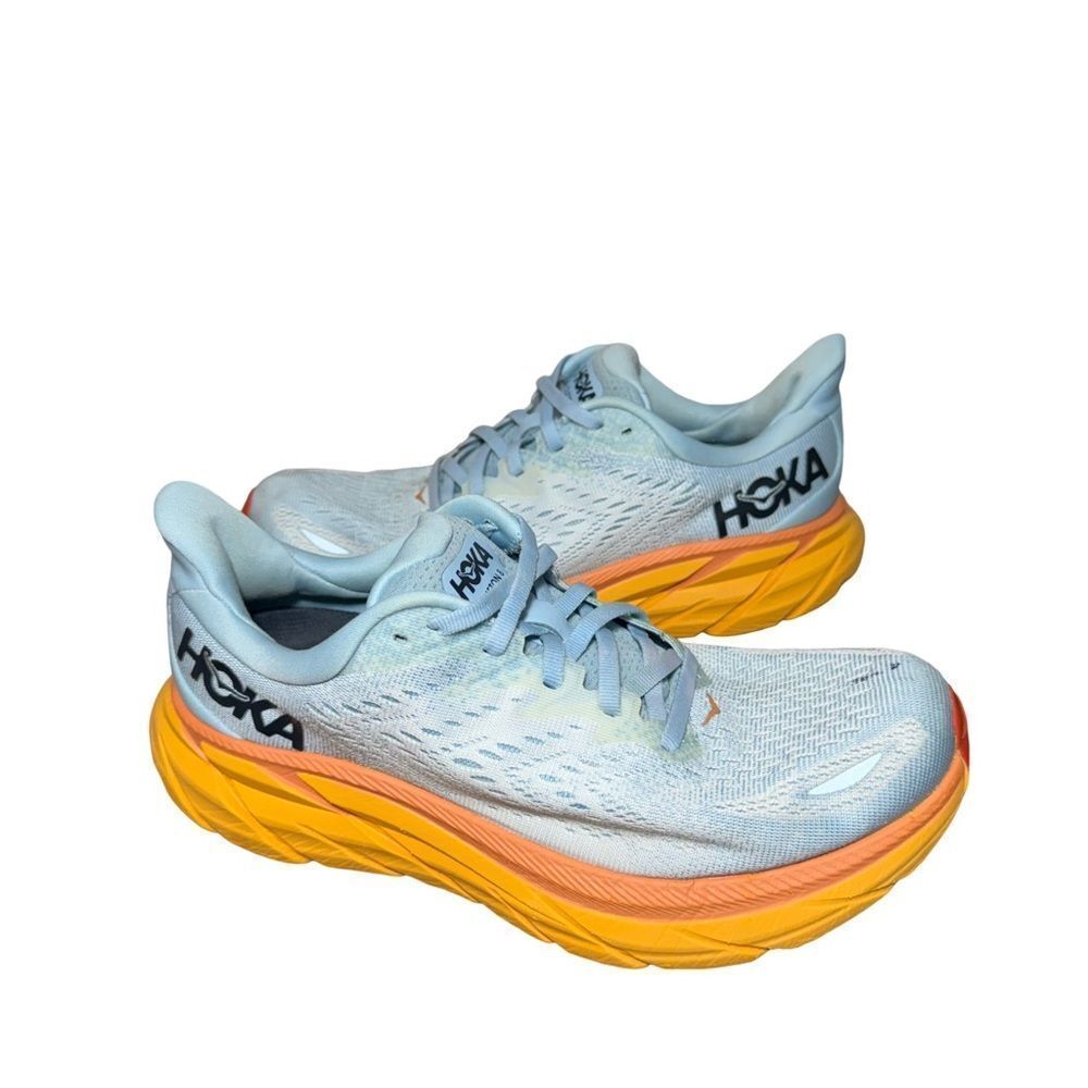 HOKA Women's Light Blue Running Yellow-Orange Sole Clifton 8 wide size 8D - Picture 2 of 7